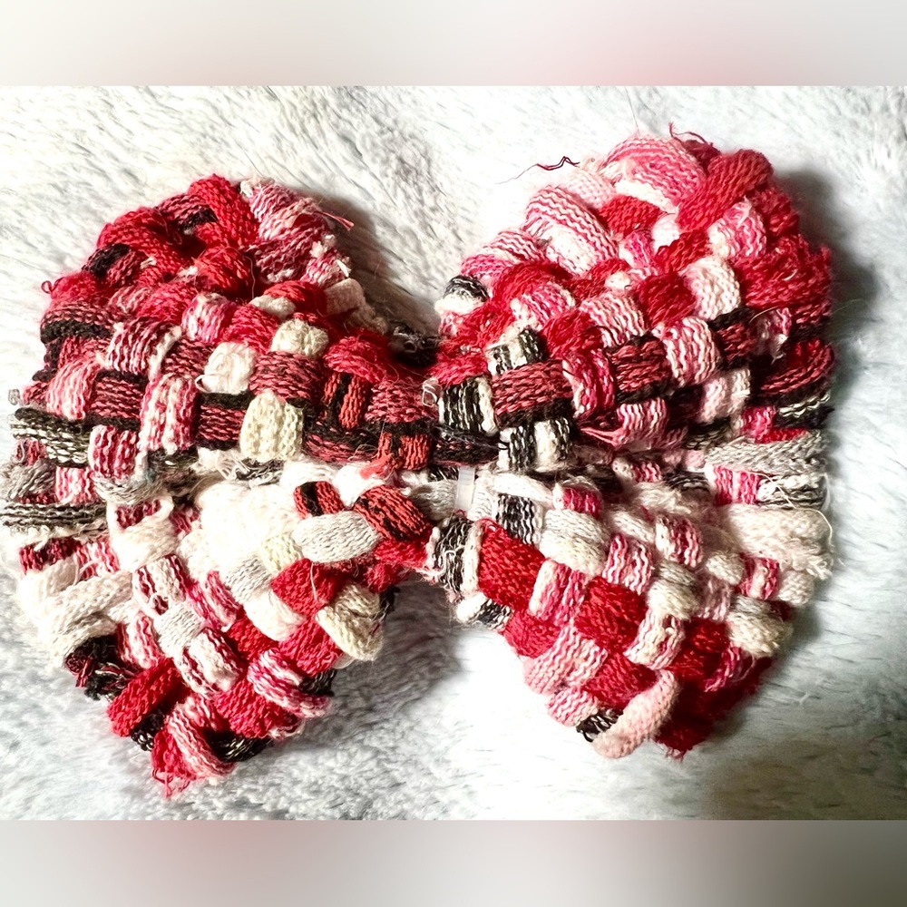 Red Black Grey LARGE Hand Woven Rag Style HAIR BOW on 4 inch French Barette